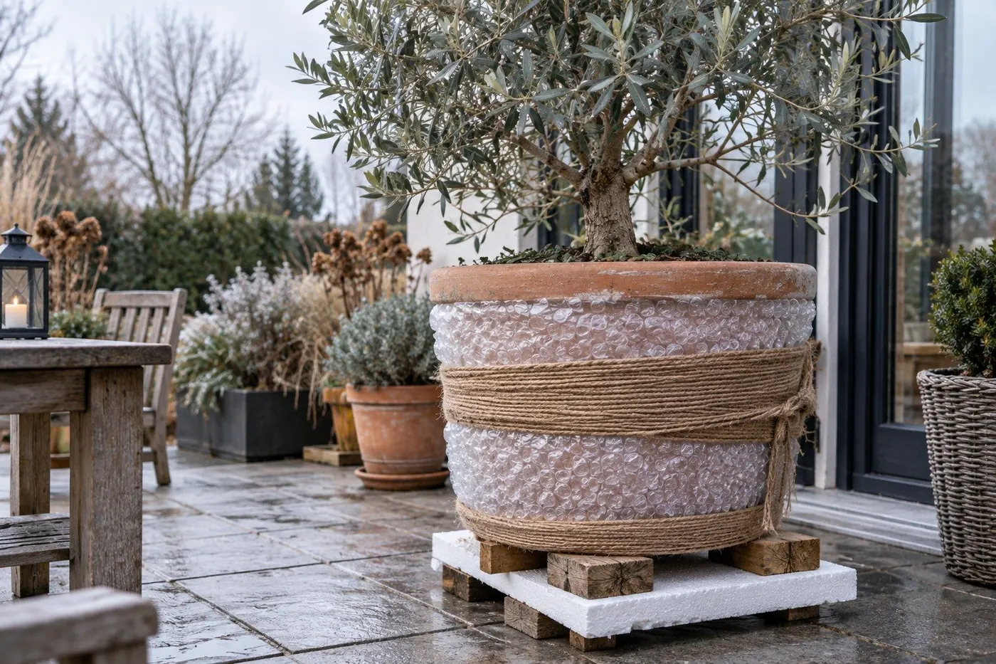 Olivenbaum im Kübel, Topf mit Folie und Jute isoliert, auf Holzklötzen.