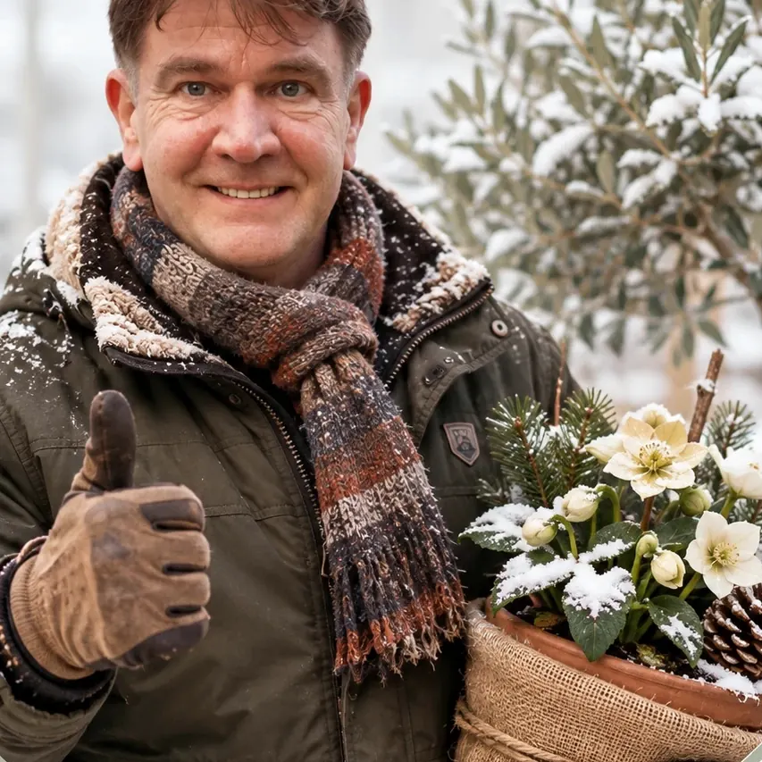 Renke Wardenburg im Winter mit Schal, Daumen hoch, im Arm ein Pflanzkorb, dahinter ein verschneiter Olivenbaum.