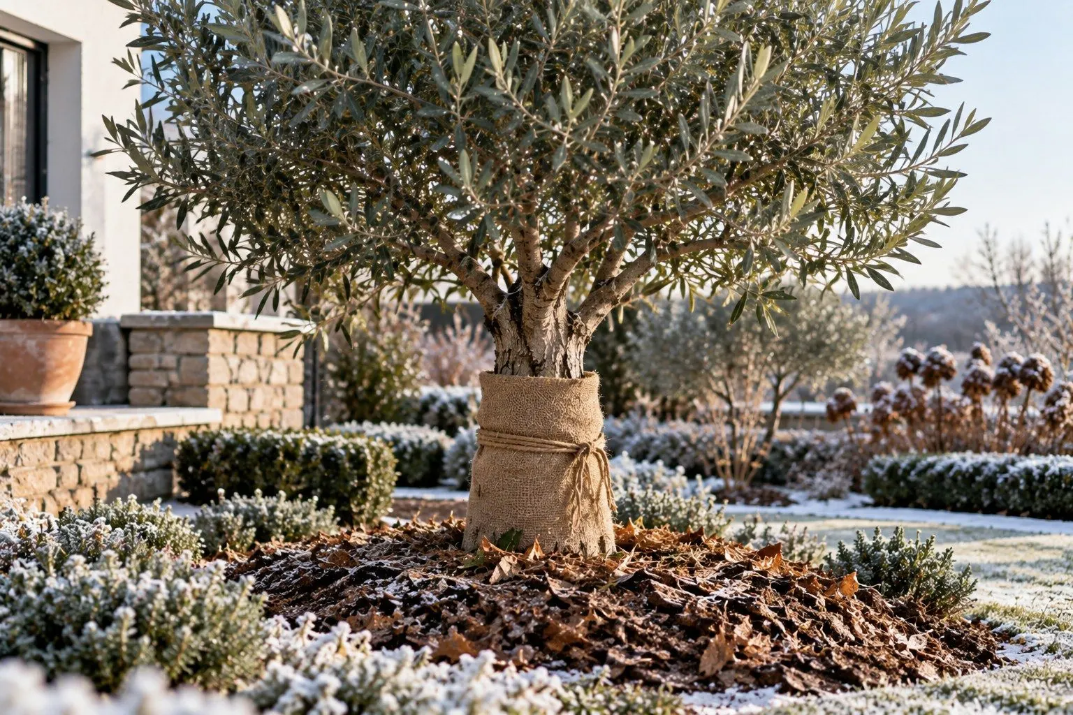 Ein Olivenbaum im Garten, Stamm mit Jute umwickelt, der Boden mit Laub abgedeckt, Raureif auf den Beeten.